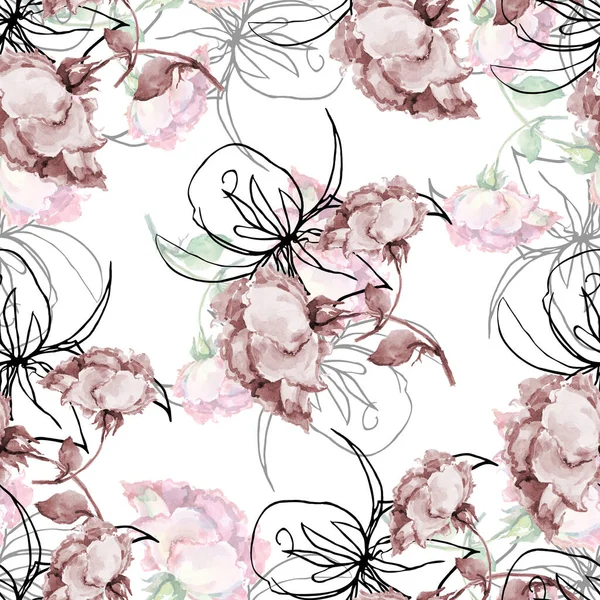 Flores Jardim Rosa Pintura Aquarela Com Gráfico Rosa Preta Padrão — Fotografia de Stock