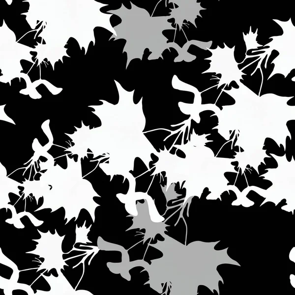 黒い背景に白い葉 秋の構図 モノクロームシームレスなパターン — ストック写真