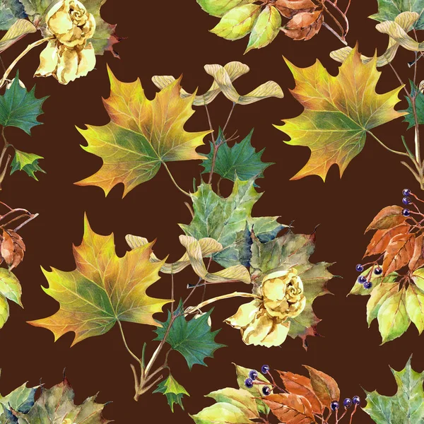 Branch leaves drawing in color pencils. Autumn composition. Seamless pattern on brown background.