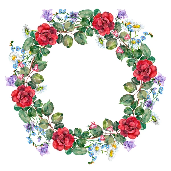 Yapraklı Suluboya Çiçeklerin Tasviri Beyaz Arka Planda Çelenk Dekorasyon Tasarım — Stok fotoğraf