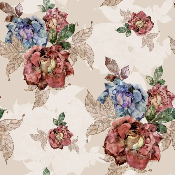 Garden flowers rose painted in watercolor with golden leaf. Floral seamless pattern on beige background.