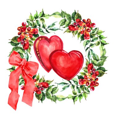 Yapraklı suluboya çiçeklerin tasviri. Çiçeklerden çelenk, beyaz arka planda kalp ile selamla. Sevgililer Günü için dekorasyon ve tasarım için güzel desen.