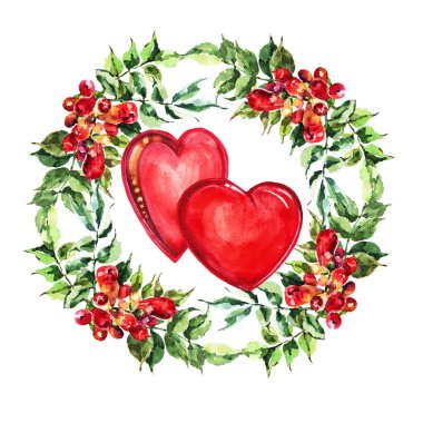 Yapraklı suluboya çiçeklerin tasviri. Beyaz arka planda kalbi olan çiçeklerden bir çelenk. Sevgililer Günü için dekorasyon ve tasarım için güzel desen.
