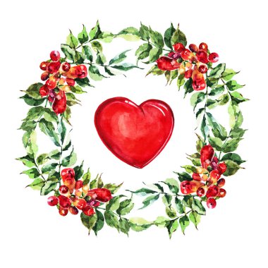 Yapraklı suluboya çiçeklerin tasviri. Beyaz arka planda kalbi olan çiçeklerden bir çelenk. Sevgililer Günü için dekorasyon ve tasarım için güzel desen.