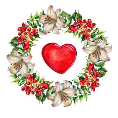 Yapraklı suluboya çiçeklerin tasviri. Beyaz arka planda kalbi olan çiçeklerden bir çelenk. Sevgililer Günü için dekorasyon ve tasarım için güzel desen.