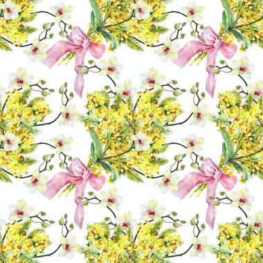  Güzel, dikişsiz bir tatil çiçeği deseni. Çiçekli mimoza ve suluboya orkide. Sevgililer gününde beyaz arka planda..