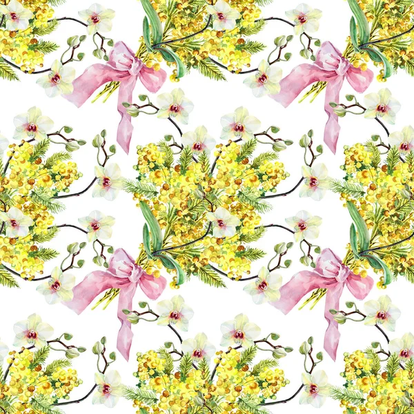  Güzel, dikişsiz bir tatil çiçeği deseni. Çiçekli mimoza ve suluboya orkide. Sevgililer gününde beyaz arka planda..