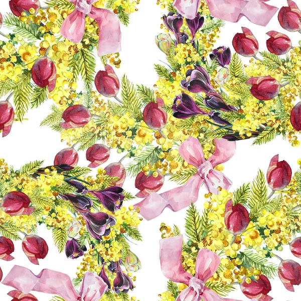 Hermoso Patrón Floral Sin Costuras Vacaciones Ramo Flores Mimosa Con — Foto de Stock