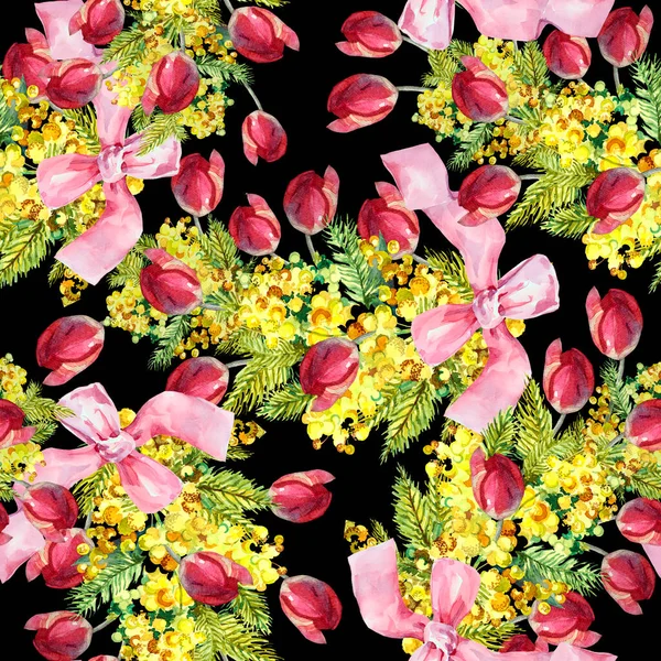 Mooie Vakantie Naadloze Bloemenpatroon Boeket Bloemen Mimosa Tulp Met Lint — Stockfoto