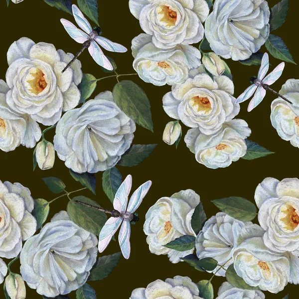Flores Jardín Rosa Pintadas Pastel Con Libélula Patrón Sin Costura — Foto de Stock