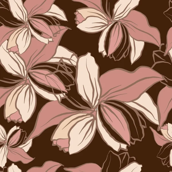 Декоративні Квіти Дизайну Орнамент Рожевих Квітів Листя Коричневому Фоні Квітковий — стоковий вектор