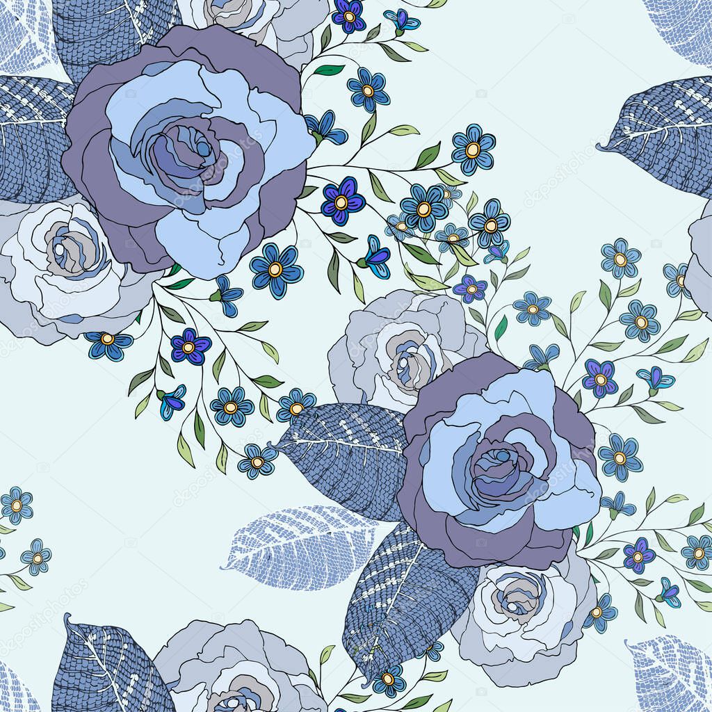  Decorative flowers for design. Ornament from flowers and leaves on a blue background. Floral seamless pattern. Vector illustration.