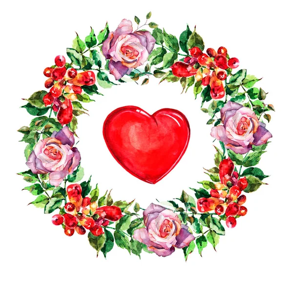 Piękny Świąteczny Wieniec Kwiaty Malarstwo Akwareli Walentynki Białym Tle — Zdjęcie stockowe