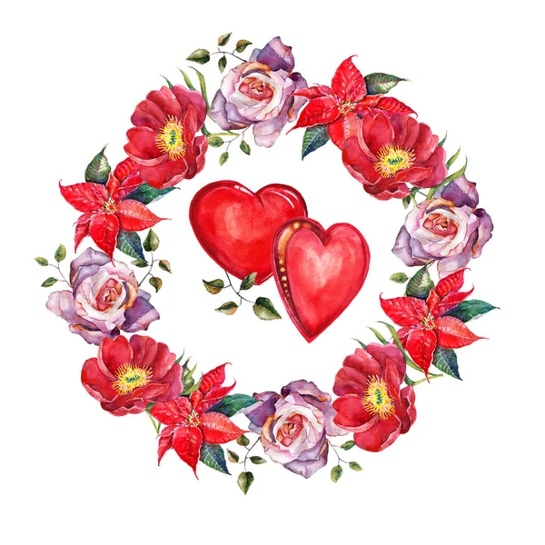 Beautiful Holiday Wreath Flowers Painting Watercolor Valentine Day White Background — Stock Photo, Image