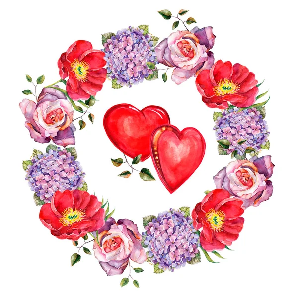 美しい休日の花輪 白地にバレンタインデーの水彩画の花々 — ストック写真