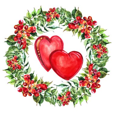 Suluboya çiçeklerinin resmi. Beyaz arka planda kalbi olan çiçeklerden bir çelenk. Sevgililer Günü 'nde dekorasyon ve tasarım için güzel desen.
