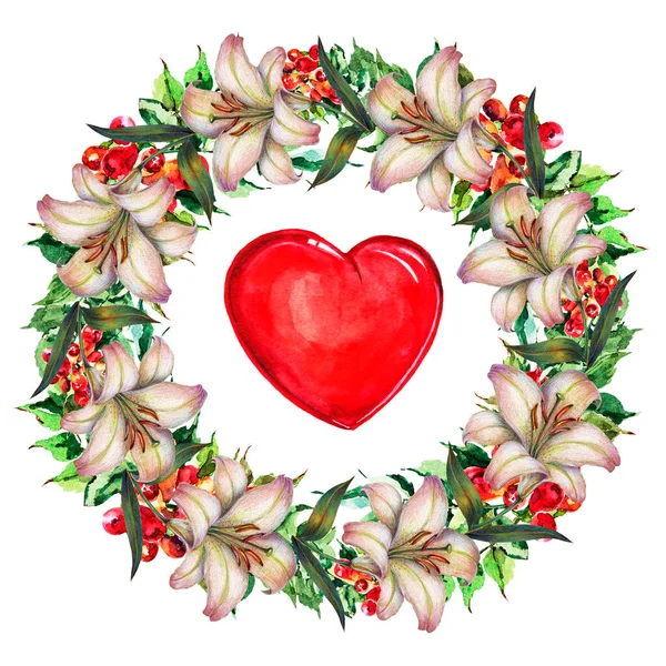 Ilustração Flores Aquarela Grinalda Flores Com Coração Sobre Fundo Branco — Fotografia de Stock