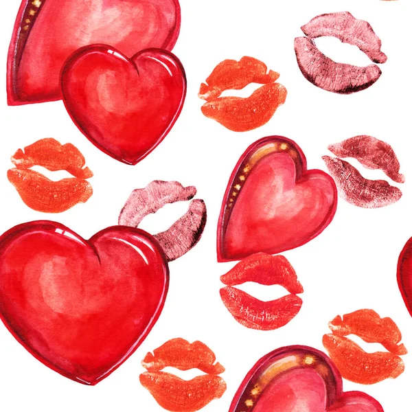 Beautiful Holiday Seamless Pattern Hearts Lips Valentine Day White Background — Stock Photo, Image