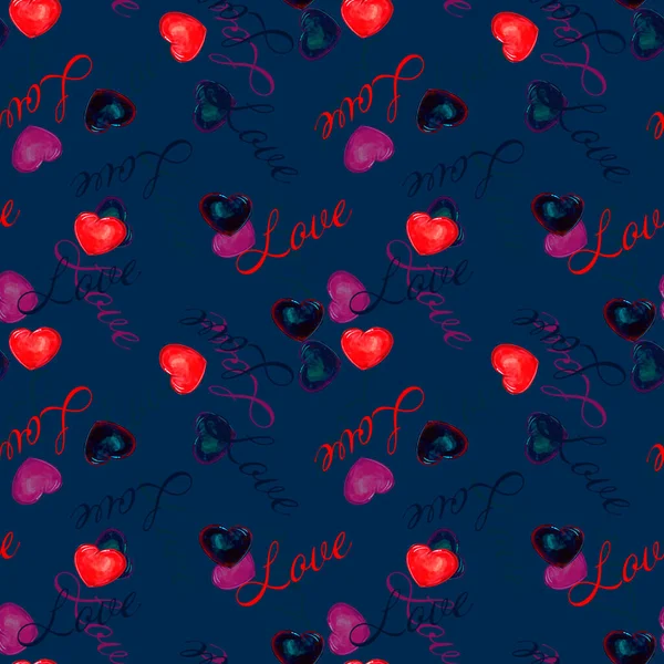 Krásná Dovolená Bezešvé Vzorem Srdce Nápisem Valentýna Modrém Pozadí — Stock fotografie