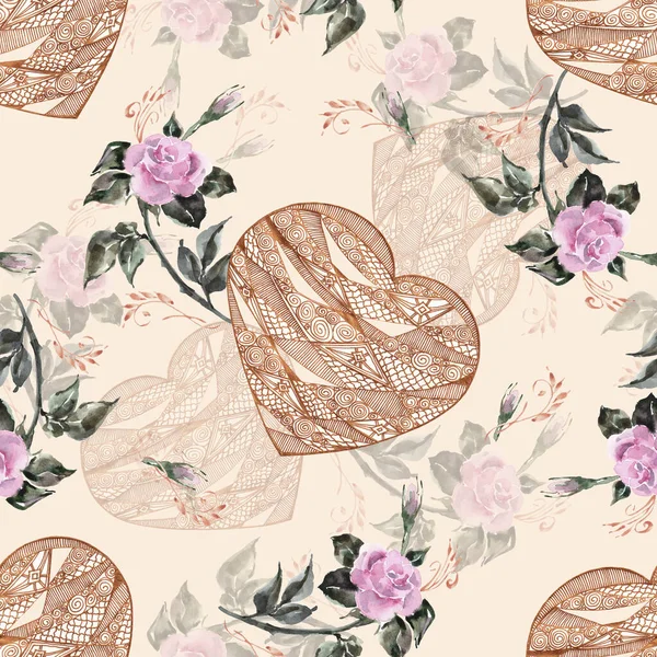 Beautiful Holiday Seamless Floral Pattern Flower Rose Golden Heart Valentine — Stock Photo, Image