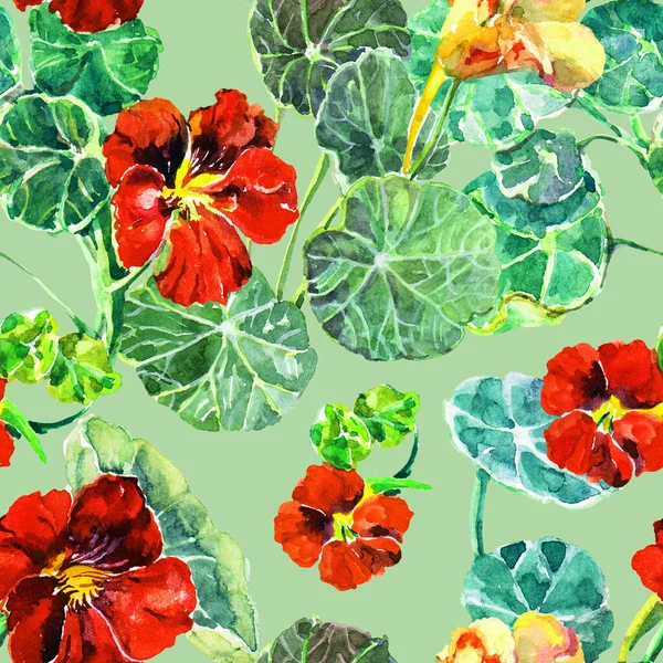 Gartenblumen Kapuzinerkresse Aquarell Gemalt Nahtloses Muster Auf Grünem Hintergrund Illustration — Stockfoto