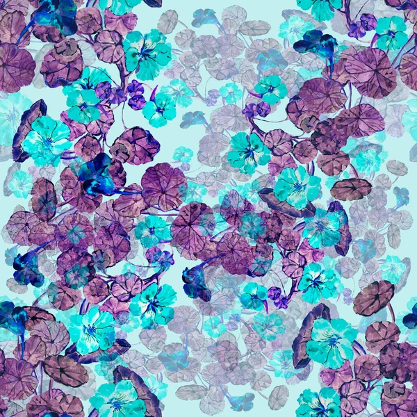 Garden Flowers Nasturtium Painted Watercolor Seamless Pattern Blue Background Illustration — Stock Photo, Image