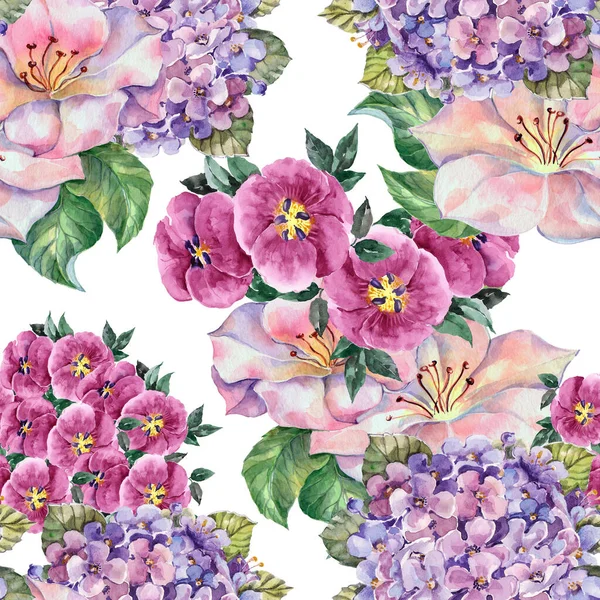 Garden Spring Flowers Painted Watercolor Leaf Floral Seamless Pattern White — Stock Photo, Image