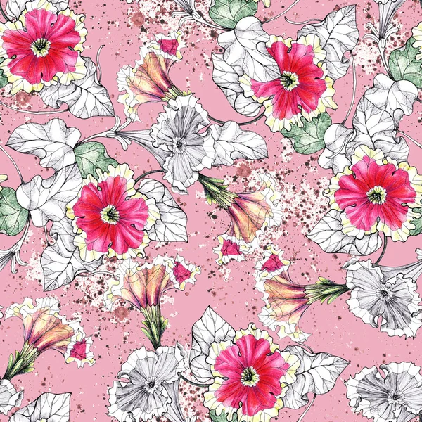 Flowers with leaves draw with colored pencils and ink. Spring composition. Seamless pattern on pink background.