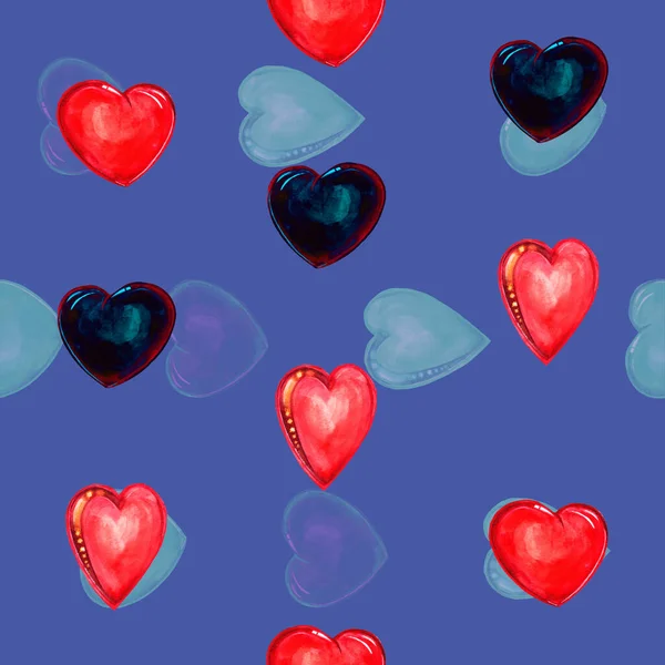 Όμορφες Διακοπές Απρόσκοπτη Μοτίβο Διαφορετικές Καρδιές Μπλε Φόντο — Φωτογραφία Αρχείου