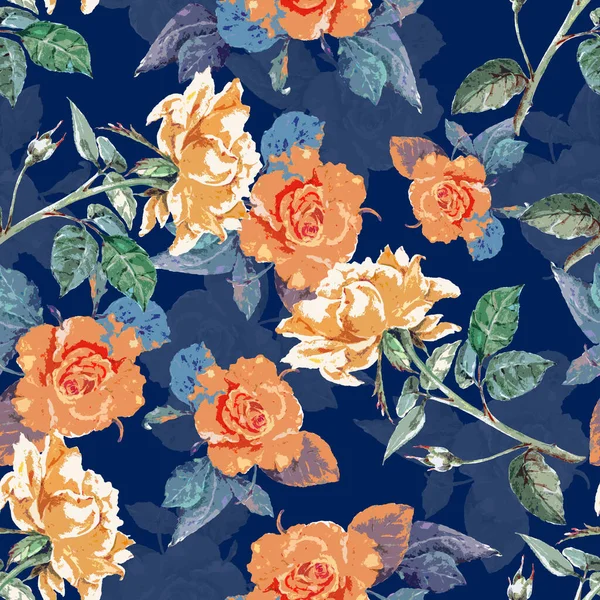 水彩斑斓的花朵在深蓝色的背景上绽放 装饰用无缝图案 — 图库照片