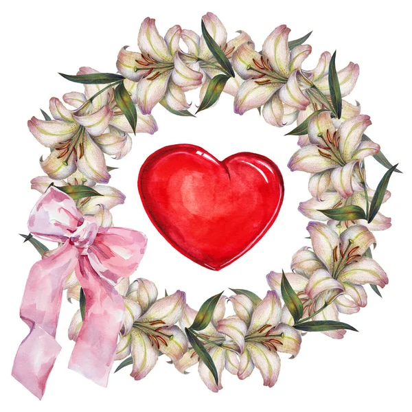 Beautiful Holiday Floral Pattern Wreath Flowers Lily Heart Ribbon Valentine — Stock Photo, Image