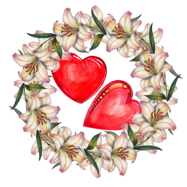 Zdjęcie Akwarelowej Lilii Wianek Kwiatów Sercem Białym Tle Piękny Wzór — Zdjęcie stockowe