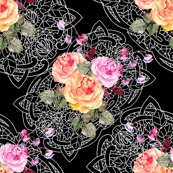 Watercolor Different Flowers White Openwork Black Background Seamless Pattern Decorations — Stock Photo, Image