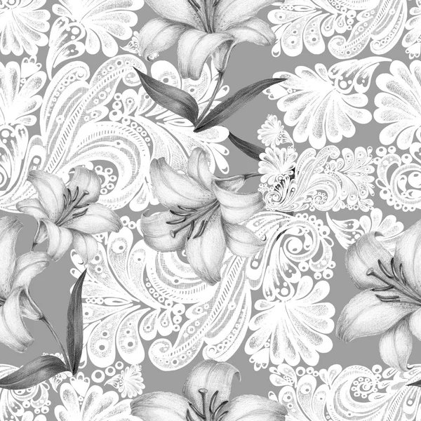 Watercolor Flower Lily White Openwork Gray Background Seamless Pattern Decorations — Stock Photo, Image