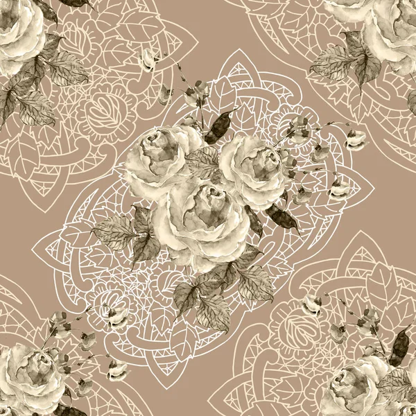 Watercolor Different Flowers White Openwork Beige Background Monochrome Seamless Pattern — Stock Photo, Image