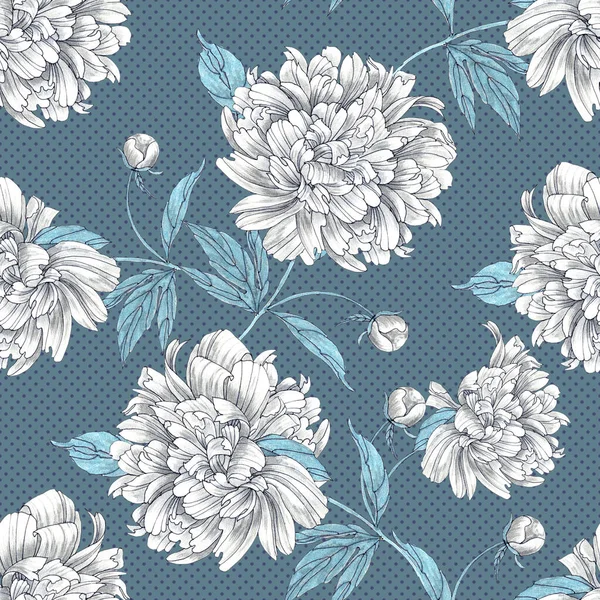 Flowers peony with leaves draw with pencils and ink. Composition for wallpapers. Seamless pattern on white background.