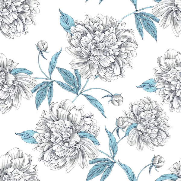 Flowers peony with leaves draw with pencils and ink. Composition for wallpapers. Seamless pattern on white background.