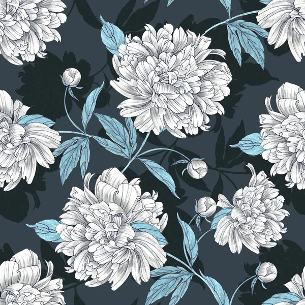 Flowers Peony Leaves Draw Pencils Ink Composition Wallpapers Seamless Pattern — Stock Photo, Image