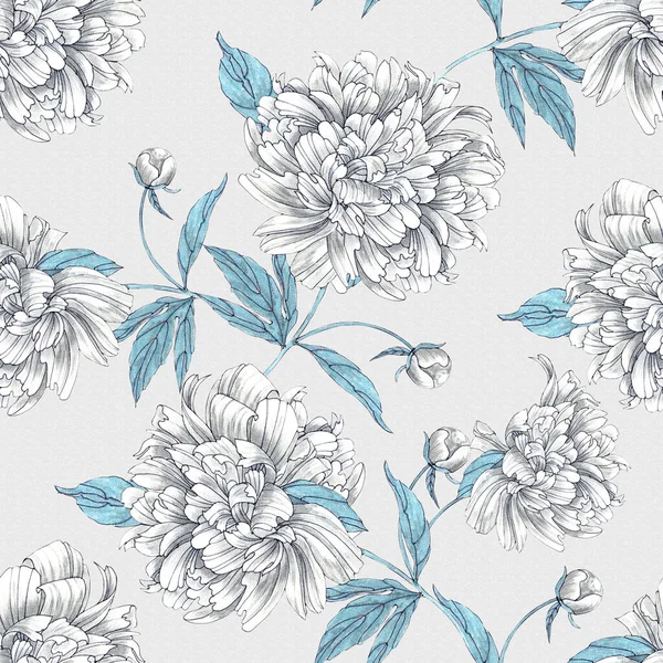 Flowers Peony Leaves Draw Pencils Ink Composition Wallpapers Seamless Pattern — Stock Photo, Image