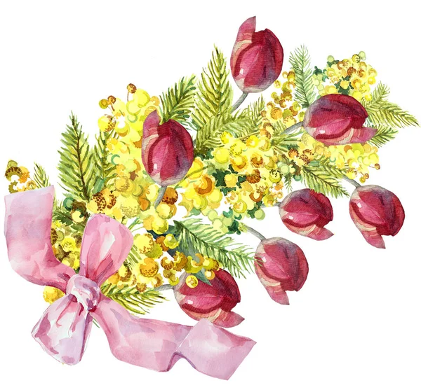 Ilustración Flores Acuarela Con Lazo Rama Árbol Mimosa Con Hojas —  Fotos de Stock