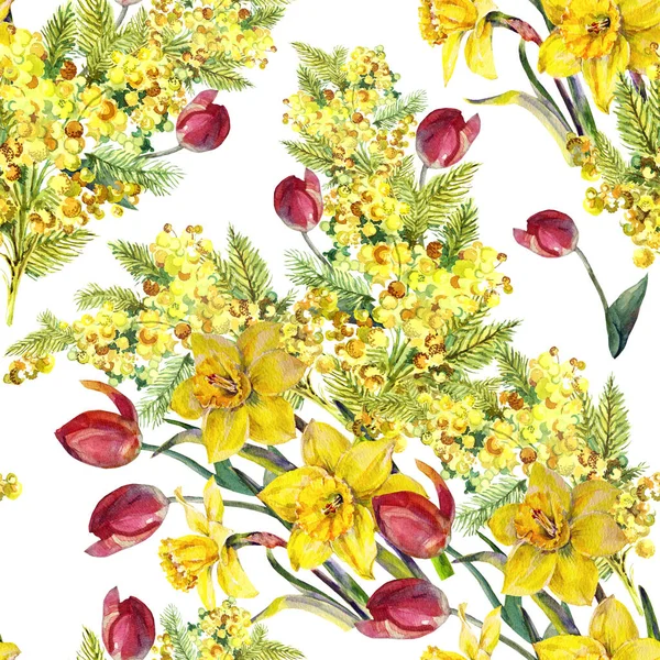Hermosa Vacaciones Sin Costuras Patrón Floral Ramo Flores Mimosa Tulipán — Foto de Stock