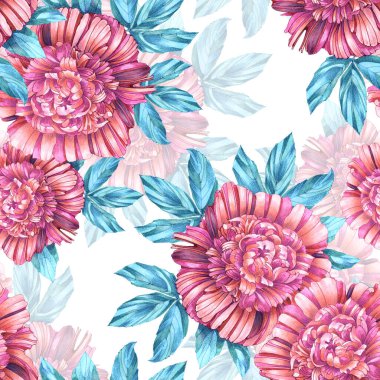 Bahçe çiçekleri mavi yapraklı suluboyayla boyanmış. Beyaz arka planda çiçek deseni.