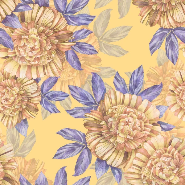 Gartenblumen Pfingstrose Aquarell Mit Violettem Blatt Gemalt Floral Nahtlose Muster — Stockfoto