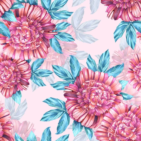 Garden Flowers Peony Painted Watercolor Blue Leaf Floral Seamless Pattern — Stock Photo, Image