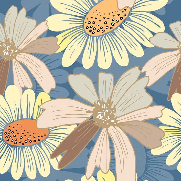 Decorative Flowerschamomile Design Ornament Flowers Leaves Blue Background Floral Seamless — Stok Vektör