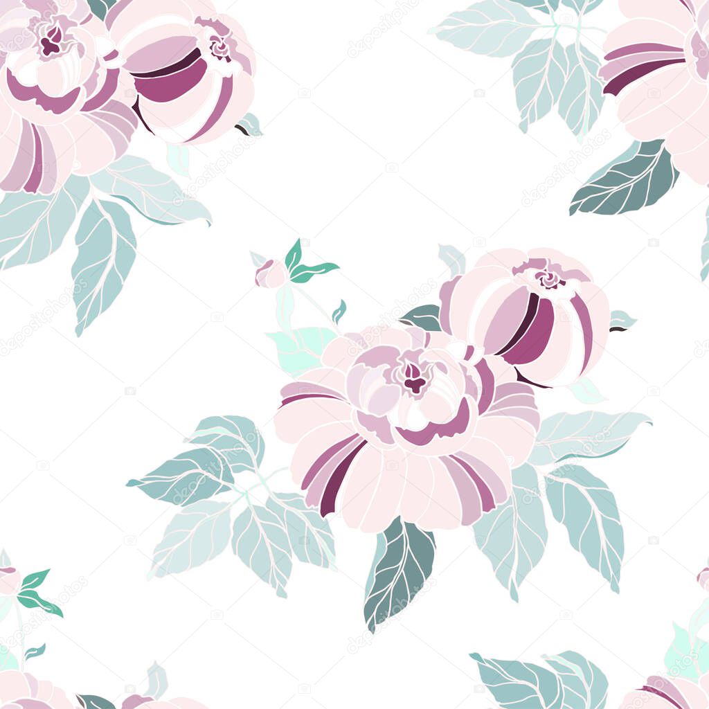 Decorative flowers peony for design. Ornament from flowers and leaves on a white background. Floral seamless pattern. Vector illustration.