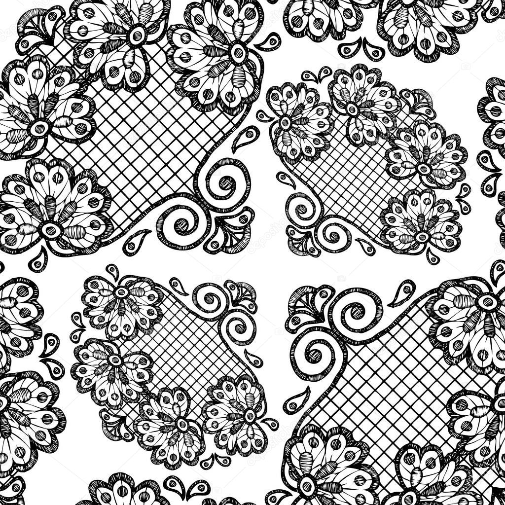 Graphic flowers for printed and design.Monochrome ornaments. Seamless pattern on white background for decor. Vector illustration.
