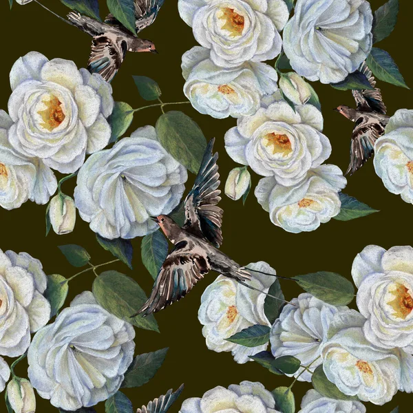 Kwiaty Ogrodowe Różane Liści Rysować Pastelowo Kwiaty Bez Szwu Wzór — Zdjęcie stockowe