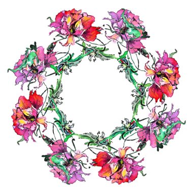 Çayır çiçekleri gelincik beyaz arka planda suluboya boyanmış. Dekorasyon için resimli çelenk.