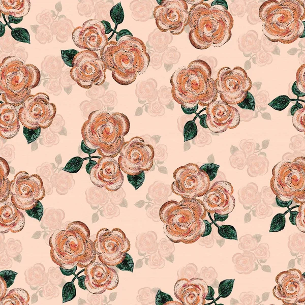Безшовний Візерунок Трояндами Листям Рожевому Фоні — стокове фото